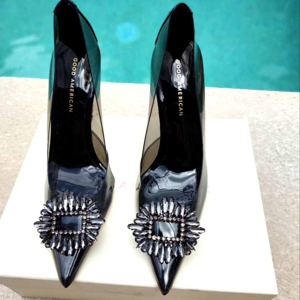 Good American Smokey clear pointed toe heel